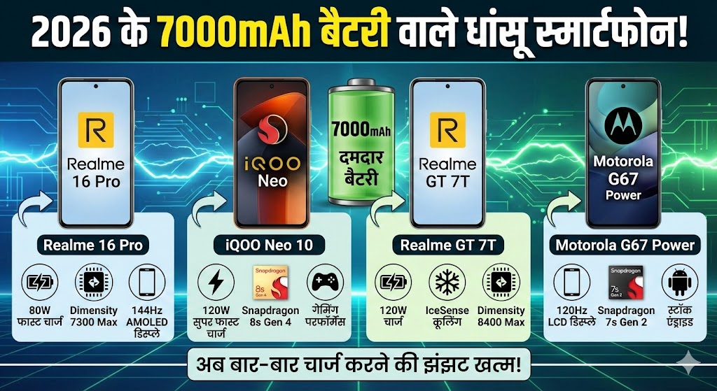7000mAh बैटरी वाले 2026 के टॉप 5 धांसू स्मार्टफोन: अब बार-बार चार्ज करने की झंझट खत्म!