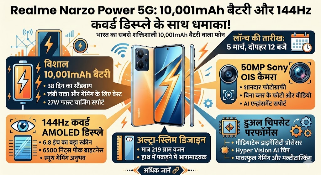Realme Narzo Power 5G Launch: 10001mAh बैटरी और 50MP कैमरा के साथ आ रहा है दुनिया का सबसे स्लिम पावरहाउस, जानें फीचर्स