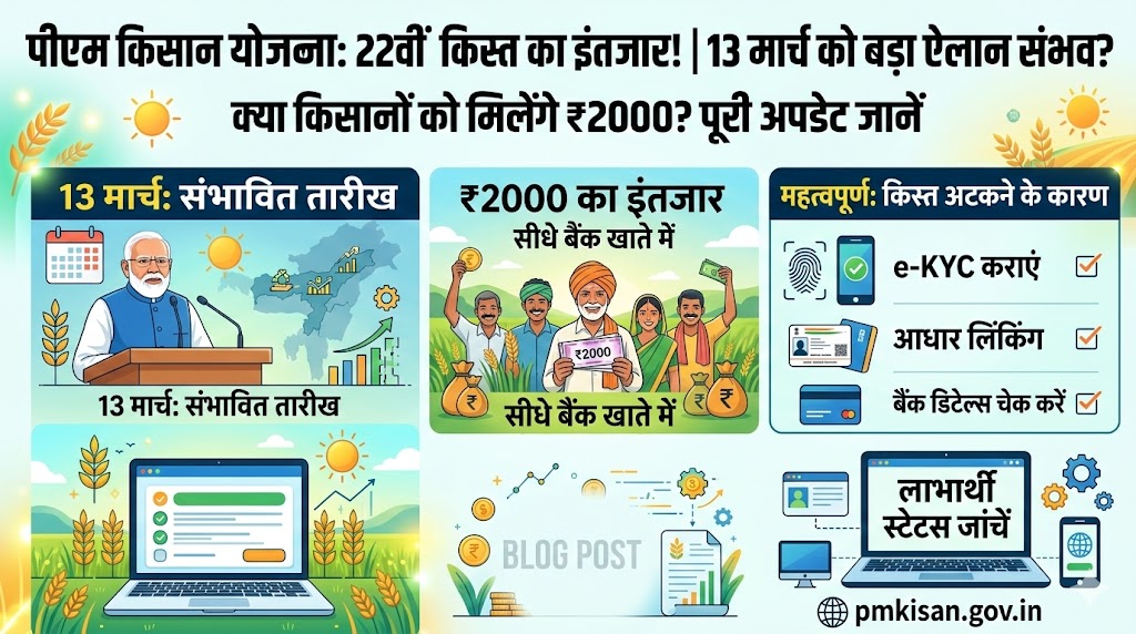 PM Kisan Yojana 22वीं किस्त अपडेट: 13 मार्च को बड़ा ऐलान? जानें कब आएंगे 2-2 हजार