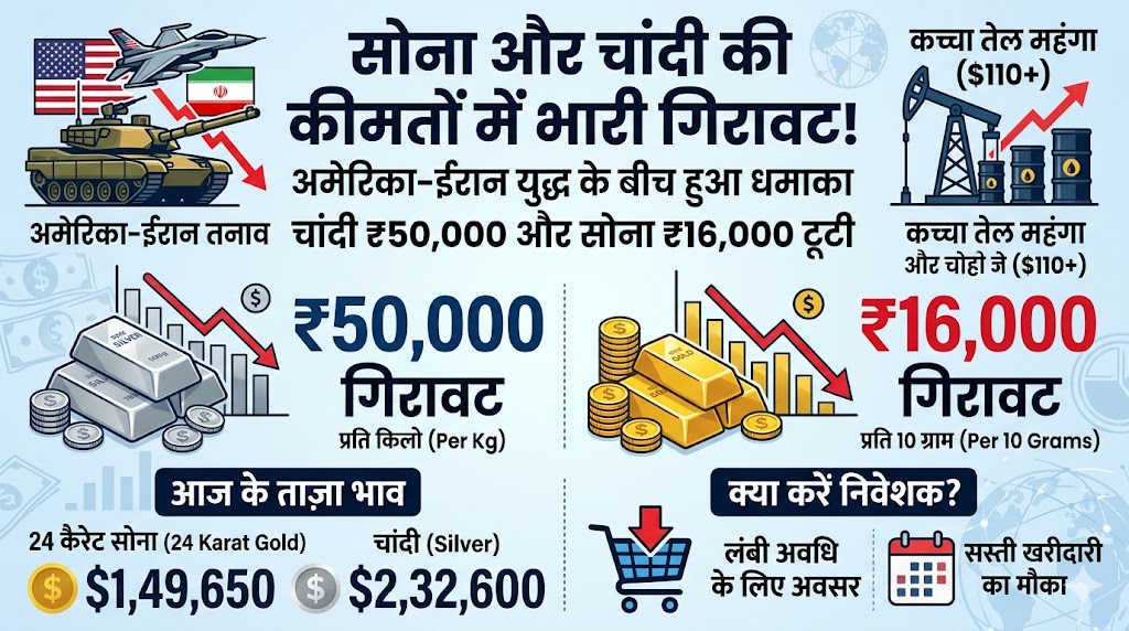 Silver Price Crash: युद्ध के बीच चांदी ₹50,000 टूटी, सोना भी हुआ भारी सस्ता, देखें आज के ताज़ा भाव!