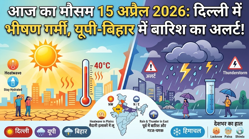 आज का मौसम 15 अप्रैल 2026: दिल्ली में भीषण गर्मी, यूपी-बिहार में बारिश का अलर्ट, जानें लेटेस्ट अपडेट