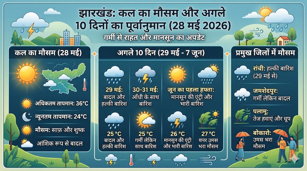 Jharkhand Weather Update: कल का मौसम 28 मई 2026 को कैसा रहेगा? धनबाद में 47 डिग्री के टॉर्चर के बाद IMD ने जारी किया भारी बारिश और मानसून का बड़ा अलर्ट!