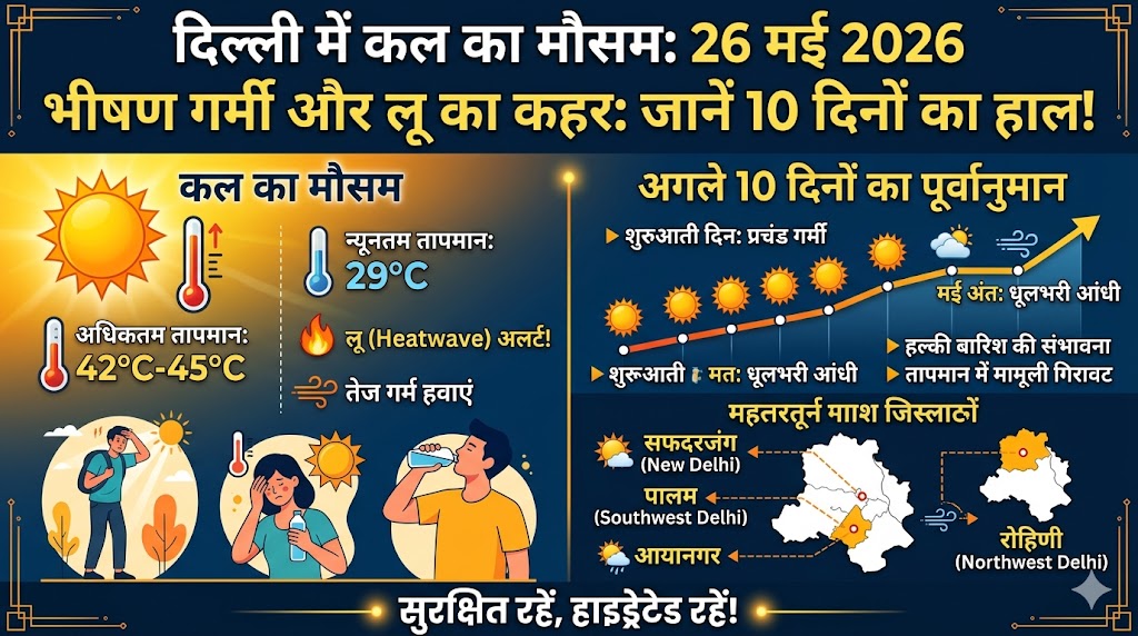 दिल्ली में कल का मौसम 26 मई 2026: IMD ने जारी किया भीषण लू का Alert, जानें अगले 10 दिनों की मौसम रिपोर्ट!