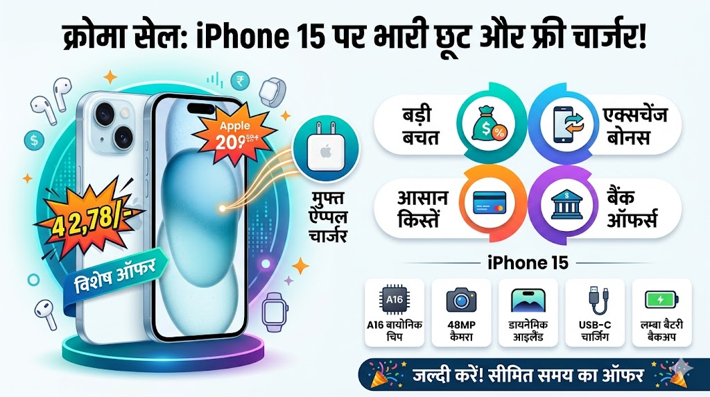 iPhone 15 Price Cut: क्रोमा की धमाकेदार सेल में मात्र 37,000 रुपये में मिल रहा आईफोन 15, साथ में ओरिजिनल ऐप्पल चार्जर भी बिल्कुल मुफ्त