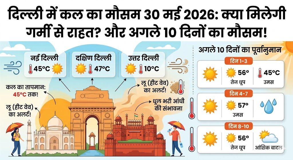 दिल्ली में कल का मौसम 30 मई 2026: आसमान से बरसेगी आग या मिलेगी राहत? अगले 10 दिनों का मौसम और जिलों का पूरा हाल देखें