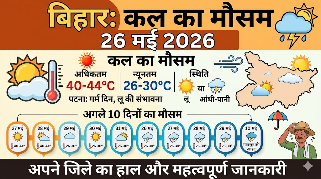 बिहार मौसम समाचार: कल का मौसम 26 मई 2026 को कैसा रहेगा? IMD ने जारी किया इन जिलों में आंधी-पानी और लू का बड़ा अलर्ट, जानें अगले 10 दिनों का हाल!