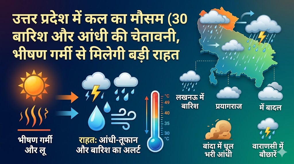 कल का मौसम 30 मई 2026: UP में आंधी-बारिश का रेड अलर्ट, लखनऊ, प्रयागराज समेत इन जिलों में गिरेगा पारा, देखें अगले 10 दिनों की रिपोर्ट