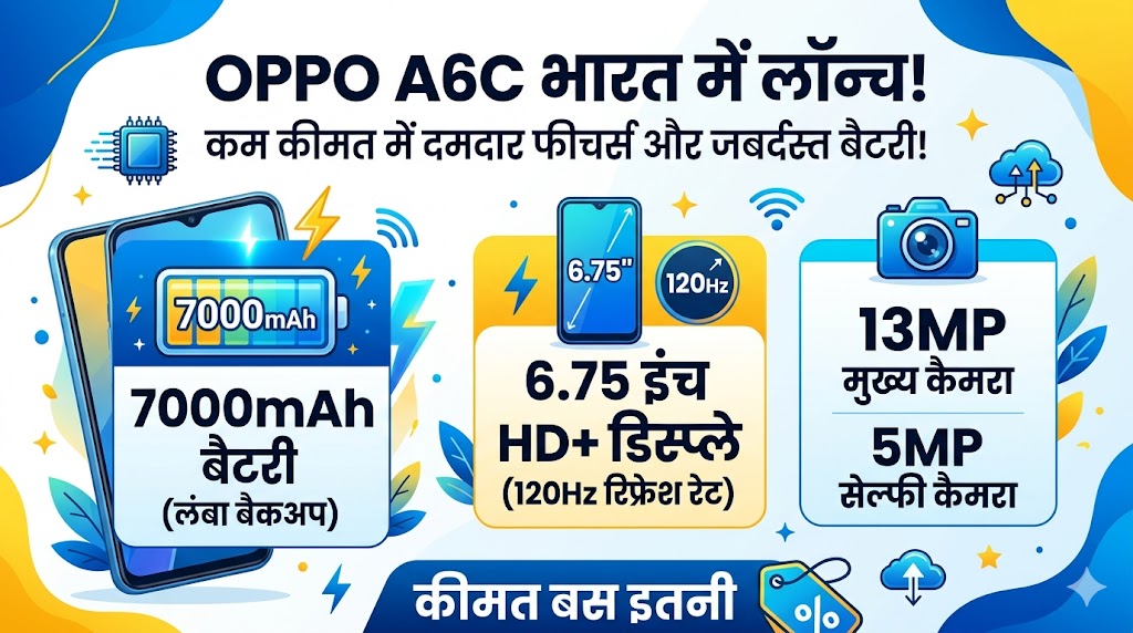Oppo A6c Launched In India: 7000mAh की महाबली बैटरी और 120Hz डिस्प्ले के साथ Oppo का सबसे सस्ता फोन लॉन्च, कीमत उड़ा देगी होश!