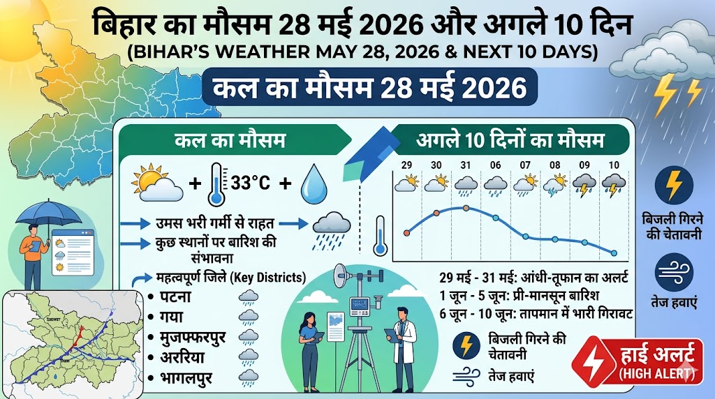 बिहार में कल का मौसम 28 मई 2026: अचानक पलटा पासा, IMD ने इन जिलों में जारी किया आंधी-बारिश का हाई अलर्ट, देखें 10 दिनों का वेदर अपडेट