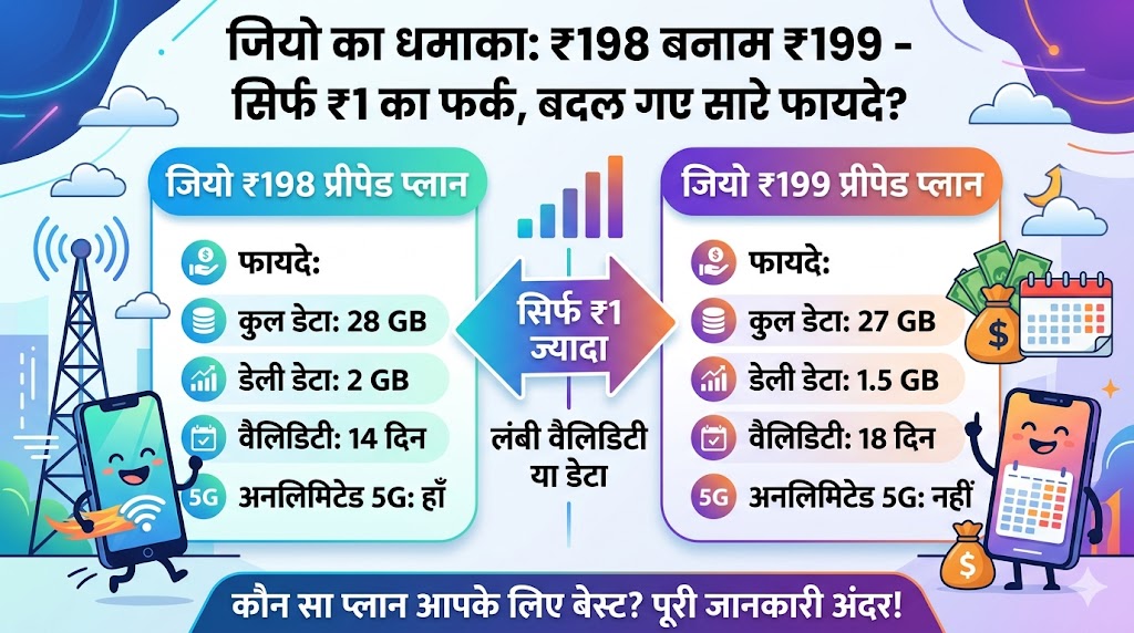 Jio का धमाका: मात्र 1 रुपये के फेर में बदल गई पूरी कहानी, 198 बनाम 199 रुपये वाले प्लान में कौन सा है आपके लिए बेस्ट?