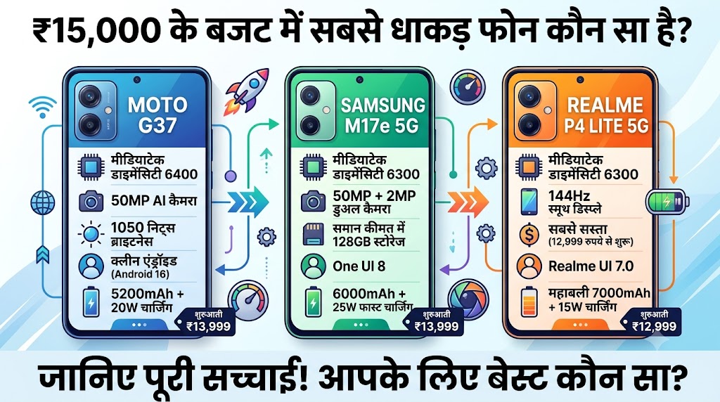 Moto G37 vs Samsung Galaxy M17e 5G vs Realme P4 Lite 5G: ₹15,000 के बजट में सबसे धाकड़ फोन कौन सा है? जानिए पूरी सच्चाई!