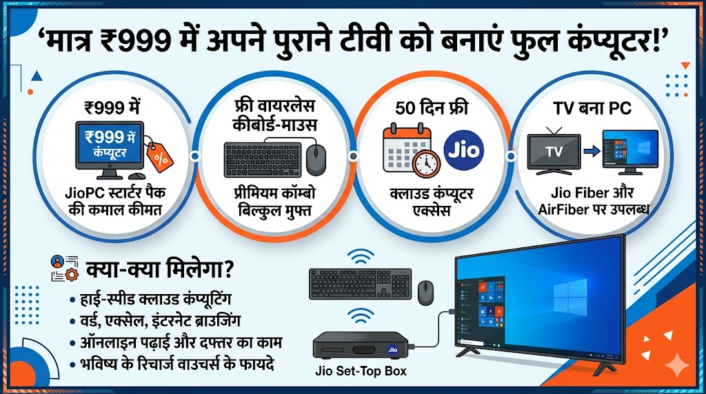 Jio PC Only 999: टीवी को बनाएं कंप्यूटर! मात्र 999 रुपये में पाएं Jio PC, वायरलेस कीबोर्ड और माउस भी फ्री, देखें डिटेल्स