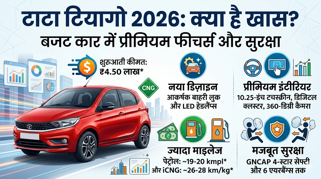 लॉन्च हुई Tata Tiago 2026: मात्र ₹4.50 लाख की शुरुआती कीमत और 4-स्टार सेफ्टी के साथ मचाया तहलका, मारुति के उड़े होश!