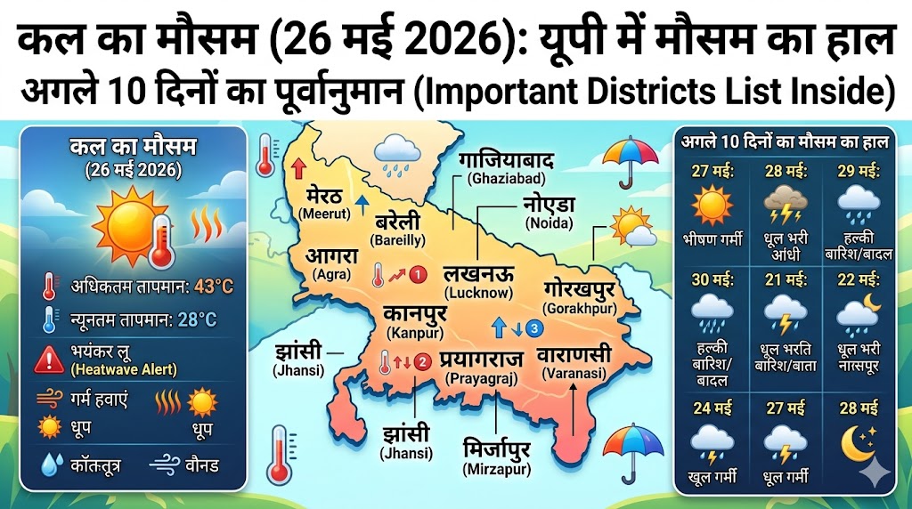UP Weather Forecast: कल का मौसम 26 मई 2026 को लेकर भयंकर अलर्ट, इन जिलों में पारा 45 पार, अगले 10 दिन तक तपेगा यूपी!
