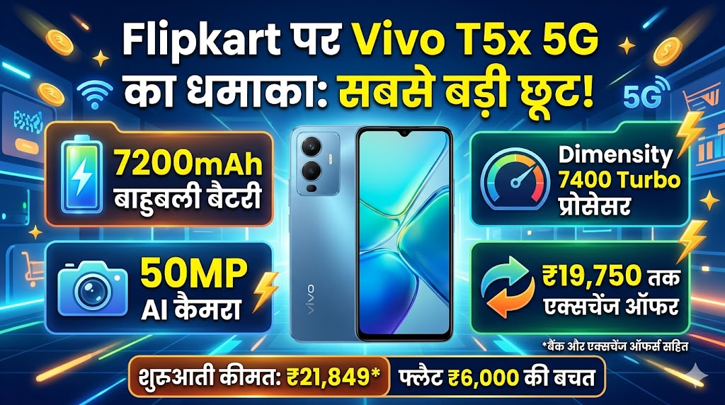 Vivo T5x 5G Offer: Flipkart पर मात्र ₹21,849 में मिल रहा 7200mAh बैटरी और 50MP कैमरे वाला बाहुबली 5G फोन, हाथ से न जाने दें यह मौका!
