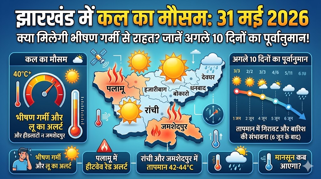 झारखंड में कल का मौसम 31 मई 2026: क्या मिलेगी भीषण गर्मी से राहत या बढ़ेगा पारा? जानें अगले 10 दिनों का सटीक पूर्वानुमान