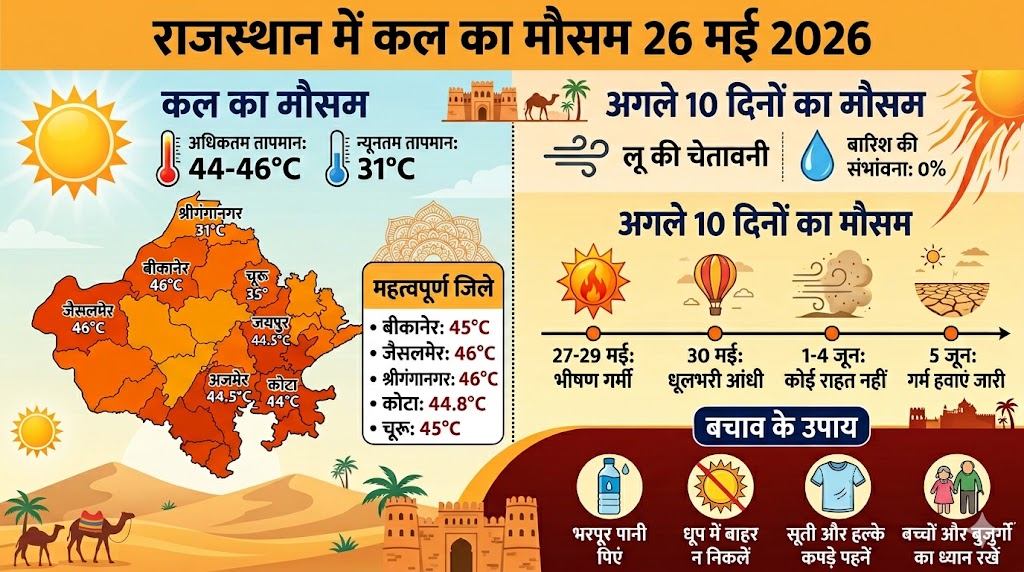 राजस्थान में कल का मौसम 26 मई 2026: आसमान से बरसेगी आग, IMD ने जारी किया भयंकर लू का रेड अलर्ट, जानें अगले 10 दिनों का हाल!