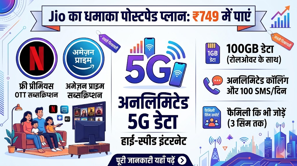 Jio के इस धांसू प्लान ने मचाई सनसनी: मात्र ₹749 में पाएं Netflix, Amazon Prime और 100GB डेटा के साथ अनलिमिटेड 5G का मजा