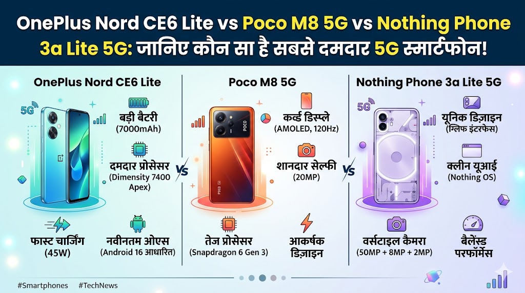 धमाकेदार तुलना: OnePlus Nord CE6 Lite vs Poco M8 5G vs Nothing Phone 3a Lite 5G | जानें कौन सा 5G फोन है पैसा वसूल!