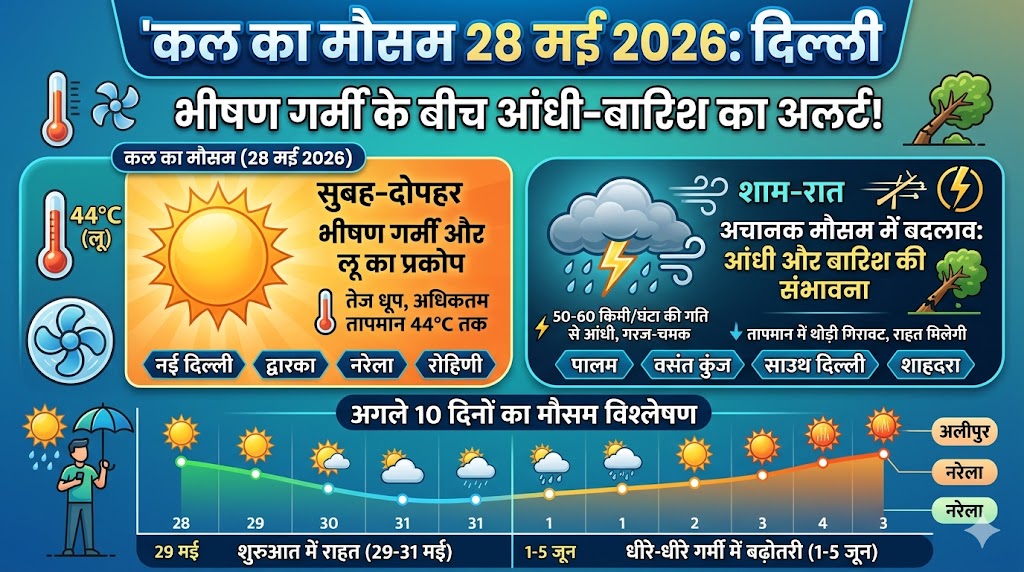 कल का मौसम 28 मई 2026: दिल्ली में भीषण गर्मी के बीच अचानक बदलेगा मिजाज, आईएमडी ने जारी किया बारिश और आंधी का बड़ा अलर्ट