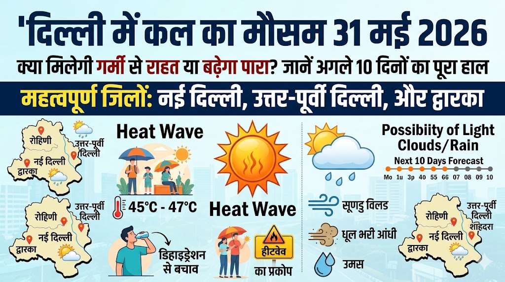 दिल्ली में कल का मौसम 31 मई 2026: टूटेंगे गर्मी के सारे रिकॉर्ड, जानें अगले 10 दिनों का मौसम पूर्वानुमान और अलर्ट