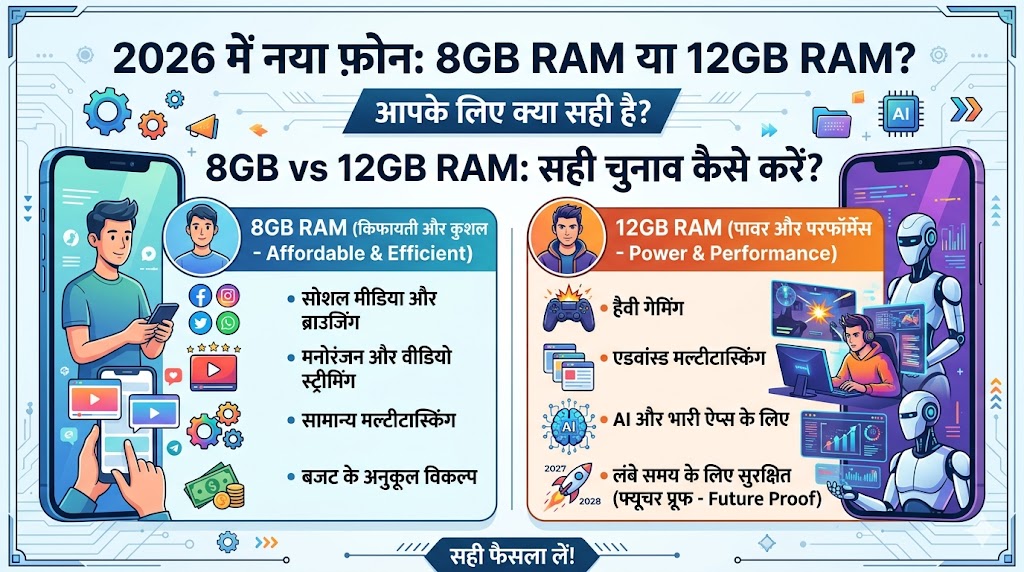 8GB vs 12GB RAM in 2026: 8GB RAM काफी है या 12GB खरीदना जरूरी? फोन लेने से पहले सच जानें!