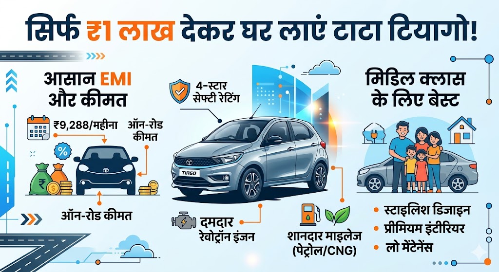 Tata Tiago On Road Price: सिर्फ ₹1 लाख डाउन पेमेंट देकर घर लाएं Tata Tiago, मिडिल क्लास के बजट में फिट बैठती है यह 4-Star सेफ कार; देखें EMI कैलकुलेटर