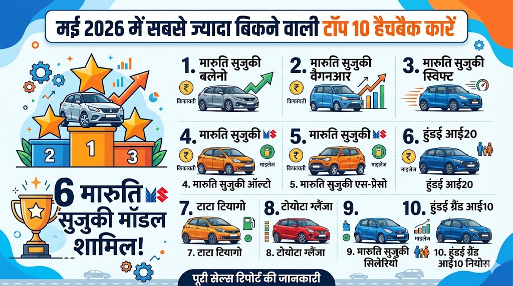 Maruti Sales Blast: मई 2026 में सबसे ज्यादा बिकने वाली टॉप 10 हैचबैक कारें, Maruti Baleno ने सबको पछाड़ा, देखें पूरी लिस्ट
