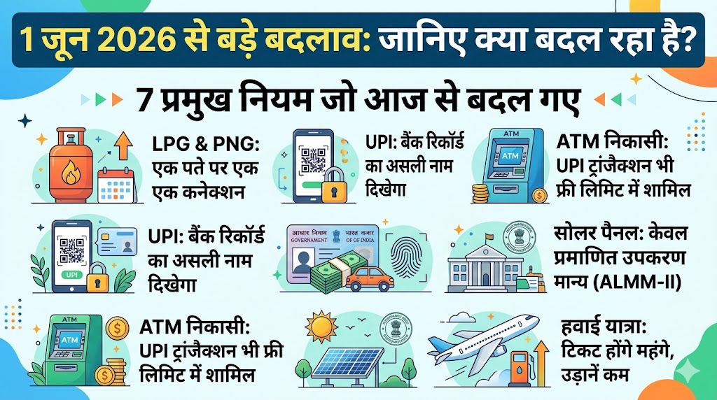 1 June 2026 New Rules Changes in India: आज से लागू हुए 7 बड़े सरकारी नियम, आपकी जेब और रसोई के बजट पर पड़ेगा सीधा असर, यहाँ देखें पूरी लिस्ट