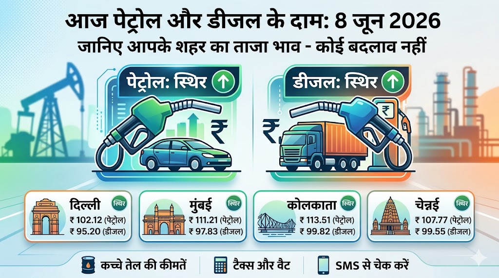 Petrol Diesel Price Today 8 June 2026: अंतरराष्ट्रीय बाजार में फिर उबला कच्चा तेल, जानिए आज आपके शहर में क्या हैं पेट्रोल और डीजल के नए दाम