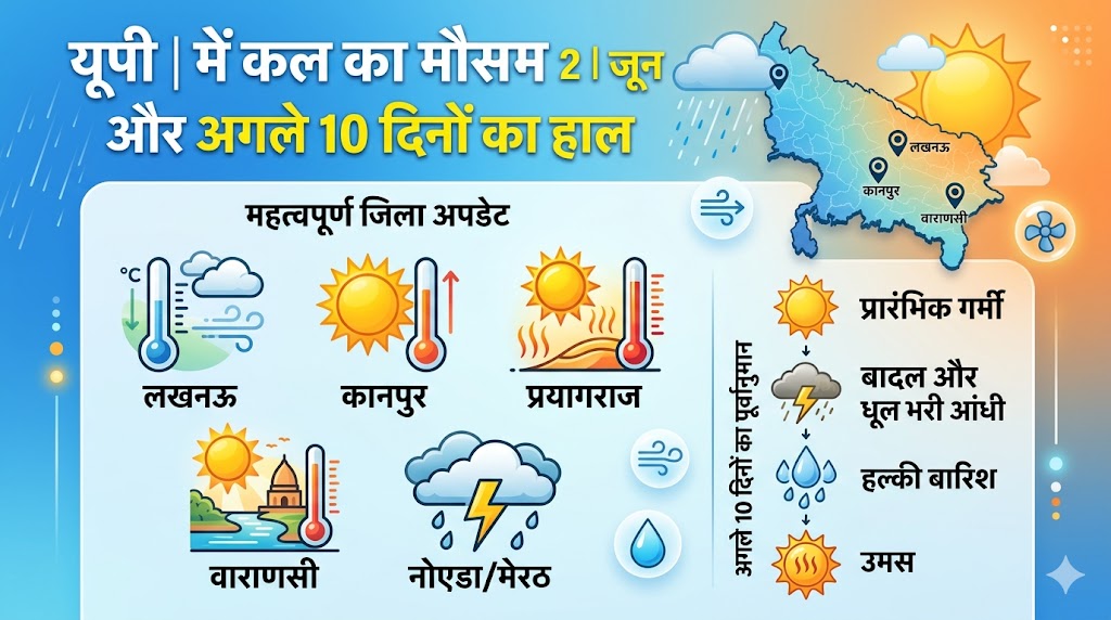UP Weather Update: कल का मौसम 2 जून 2026 को कैसा रहेगा? लखनऊ से नोएडा तक आंधी-बारिश का अलर्ट, देखें अगले 10 दिनों का हाल