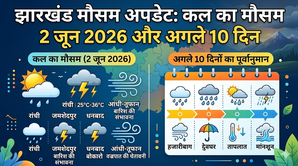 झारखंड मौसम अलर्ट: कल का मौसम 2 जून 2026 को पलटेगा पासा, रांची से धनबाद तक अगले 10 दिनों का भारी बारिश और आंधी का तूफान