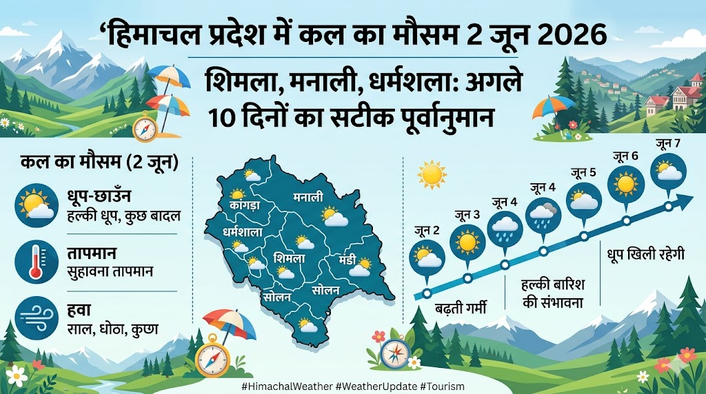 हिमाचल प्रदेश में कल का मौसम 2 जून 2026: शिमला, मनाली से चंबा तक मौसम विभाग का बड़ा अलर्ट, जाने अगले 10 दिनों का हाल