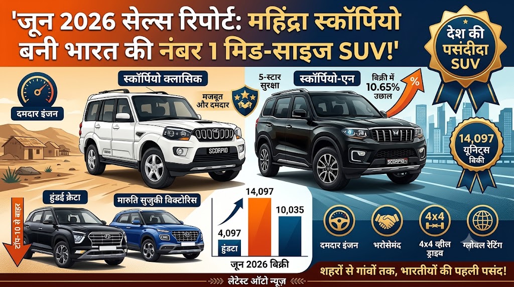 Mahindra Scorpio Sales June 2026: स्कॉर्पियो ने रचा इतिहास! हुंडई क्रेटा और मारुति को पछाड़ बनी नंबर 1 मिड-साइज SUV, देखें आंकड़े