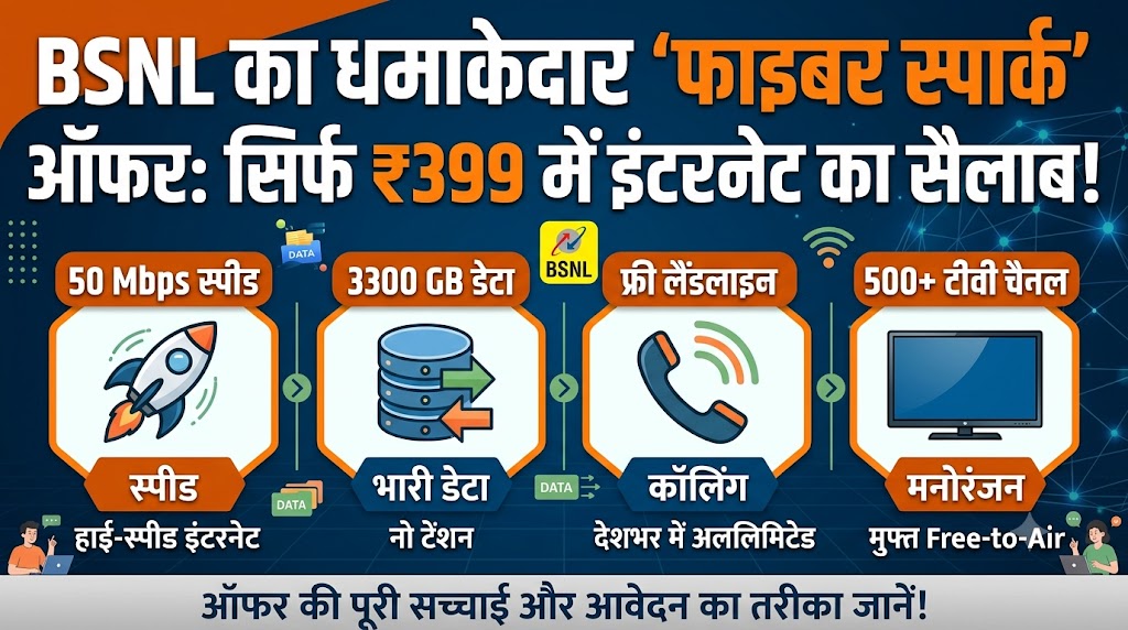 BSNL Fiber Spark Plan: ₹399 में पाएं 50Mbps स्पीड, 3300GB डेटा और 500+ फ्री टीवी चैनल, जानें पूरी डिटेल
