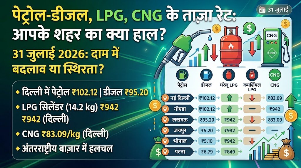 पेट्रोल-डीजल, LPG और CNG की नई दरें जारी: जानिए 31 जुलाई को आपके शहर में बढ़े या घटे ईंधन के दाम