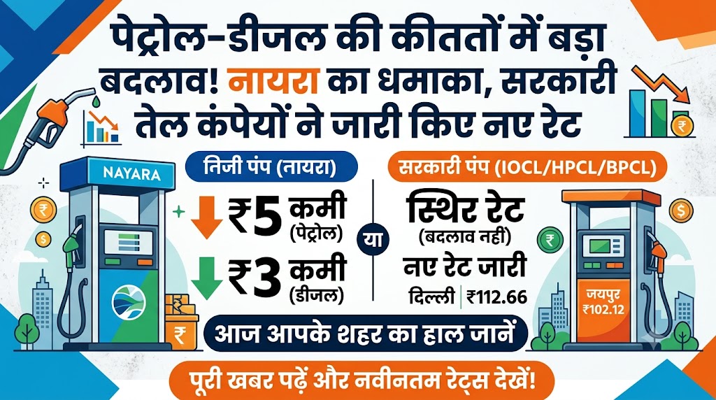 पेट्रोल डीजल प्राइस टुडे: Nayara Energy ने घटाए ₹5 तक दाम, जानें सरकारी कंपनियों के आज के नए रेट्स