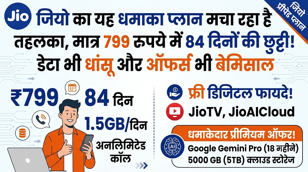 जियो का यह धमाका प्लान मचा रहा है तहलका, मात्र 799 रुपये में 84 दिनों की छुट्टी! डेटा भी धांसू और ऑफर्स भी बेमिसाल