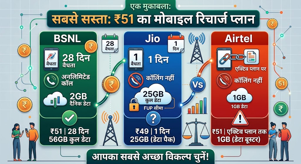 Jio-Airtel की बत्ती गुल! BSNL लाया ₹51 का जादुई प्लान, 28 दिनों तक रोज 2GB डेटा और अनलिमिटेड कॉल्स का महाधमाका