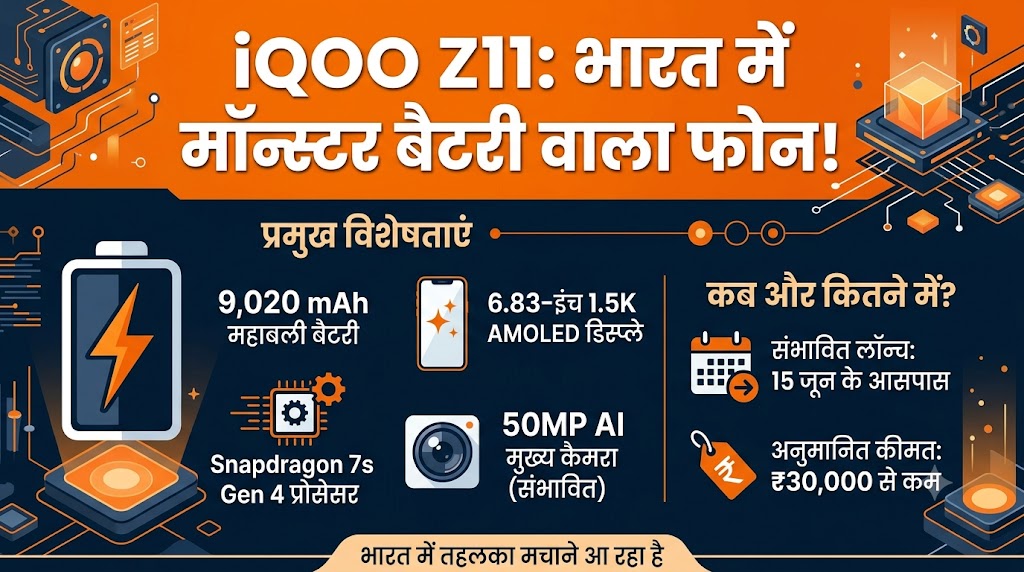 iQOO Z11 India Launch: भारत में इस दिन एंट्री लेगा 9,020 mAh की धाकड़ बैटरी वाला iQOO Z11 5G फोन, जानें लीक कीमत और फीचर्स