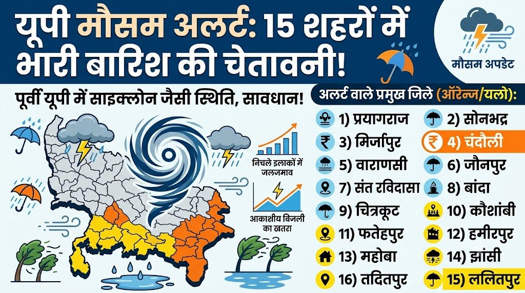 यूपी में चक्रवातीय तूफान का अलर्ट: 15 शहरों में भारी बारिश की चेतावनी, जानें अपने जिले का हाल
