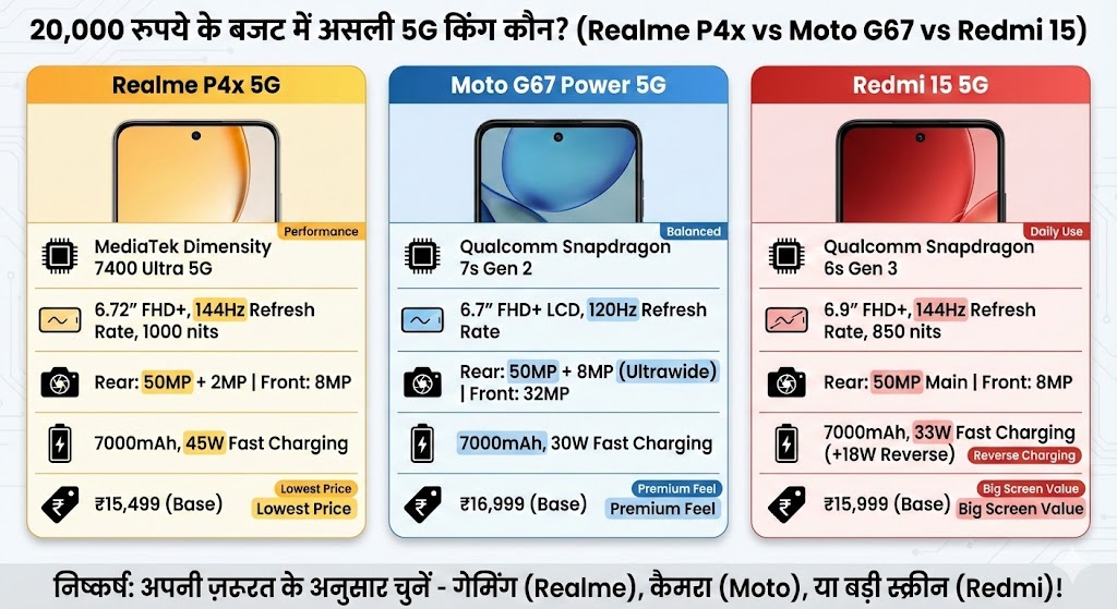Realme P4x 5G vs Moto G67 vs Redmi 15: 20000 में सबसे बेस्ट 5G फोन कौन सा है?
