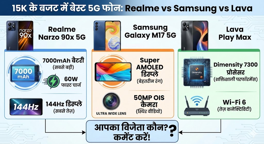 Realme Narzo 90x vs Samsung M17 vs Lava Play Max: 15K में बेस्ट 5G फोन?