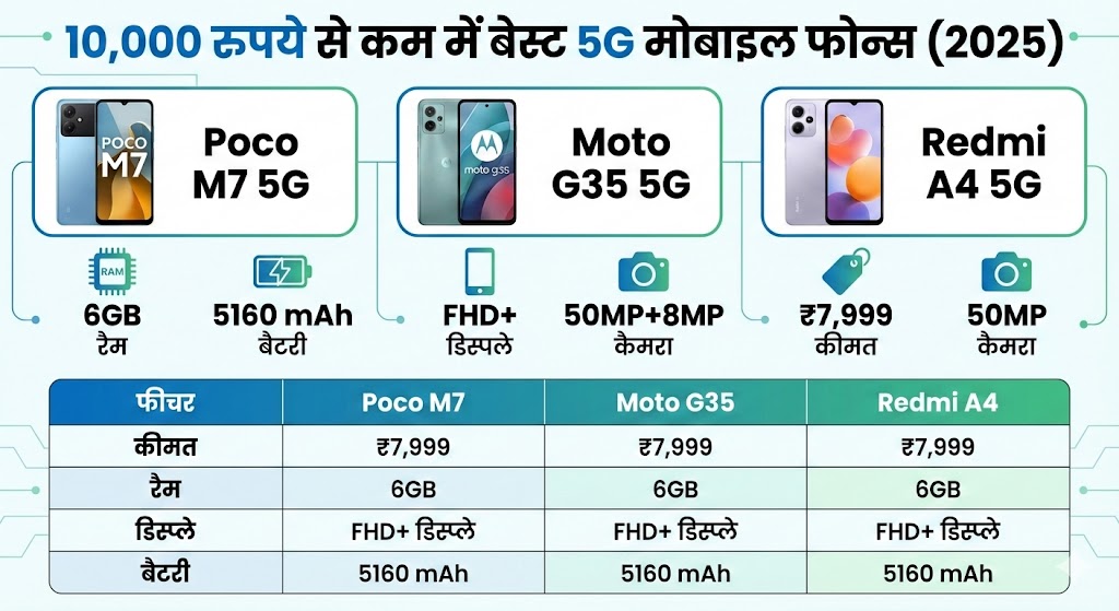 2025 में 10,000 रुपये से कम कीमत में 3 सबसे बेहतरीन 5G मोबाइल फोन्स: फीचर्स, रिव्यू और कंपेरिजन