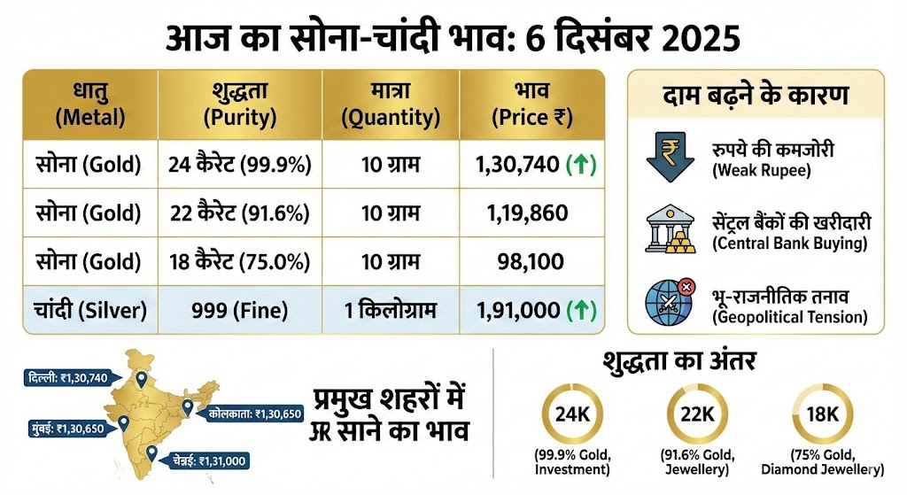 6 दिसंबर 2025 गोल्ड रेट: सोना-चांदी के दामों में भयंकर उछाल! यहाँ देखें 22k, 24k और चांदी के ताज़ा भाव