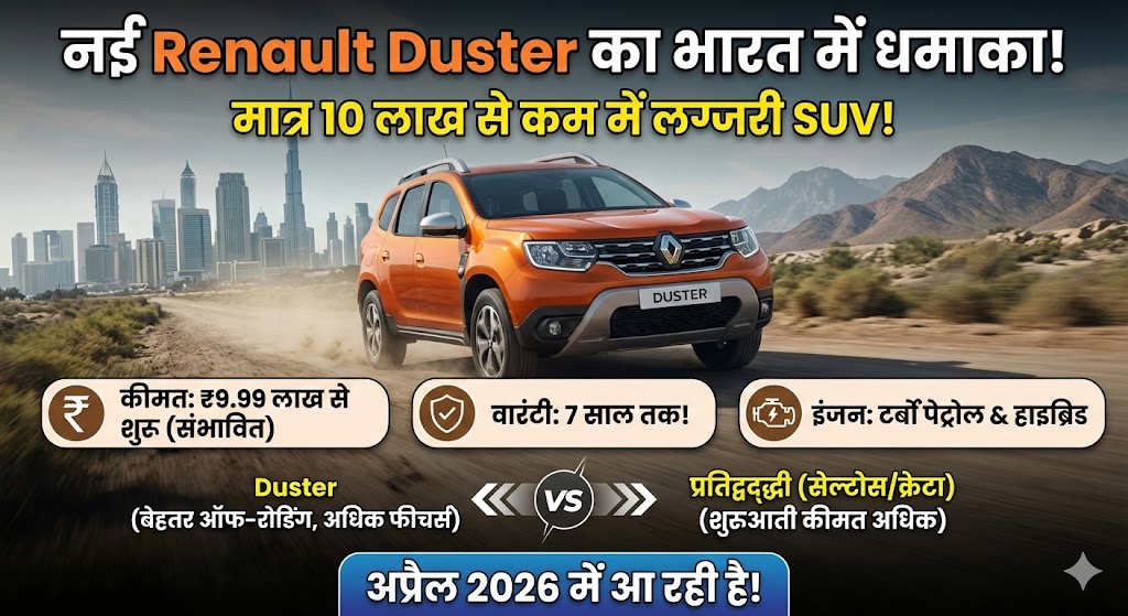 नई Renault Duster का भारत में धमाका: मात्र 10 लाख से कम में मिलेंगे लग्जरी फीचर्स, Kia Seltos की छुट्टी!