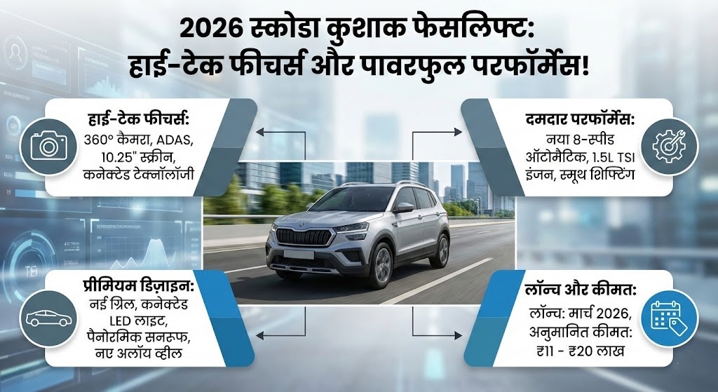 2026 Skoda Kushaq Facelift: हाई-टेक फीचर्स, 360° कैमरा और पावरफुल इंजन के साथ हुई लॉन्च! जानिए कीमत और वो सब कुछ जो आप जानना चाहते हैं