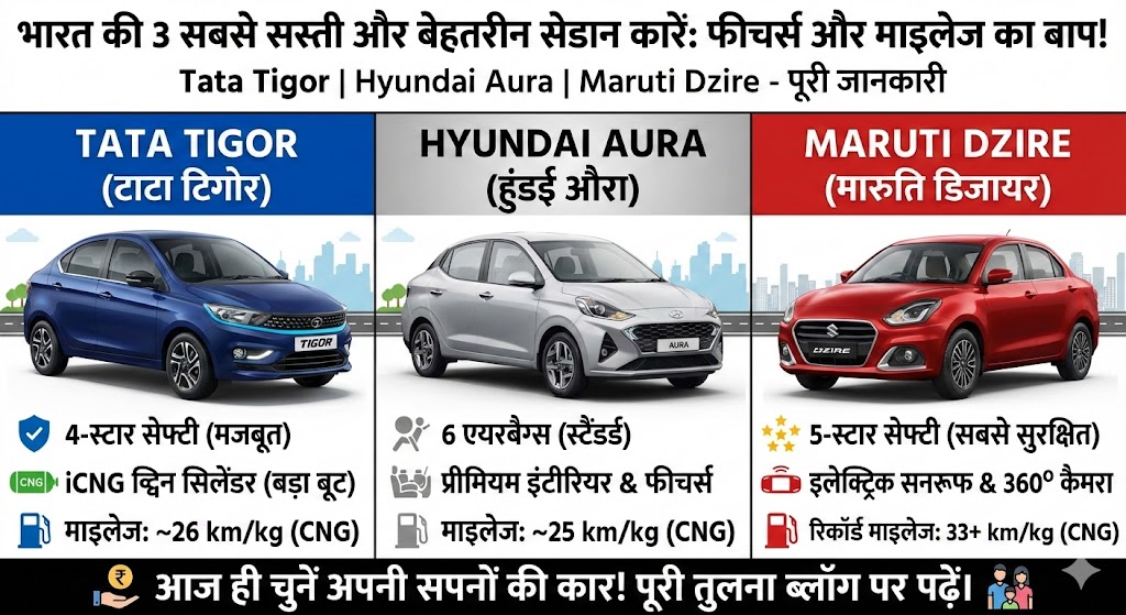 Tata Tigor से Dzire तक: भारत की 3 सबसे सस्ती और लग्जरी सेडान कारें - माइलेज 33km!