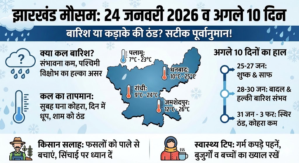 झारखंड मौसम 24 जनवरी 2026: कल होगी भारी बारिश? अगले 10 दिनों का सटीक Weather Update देखें!
