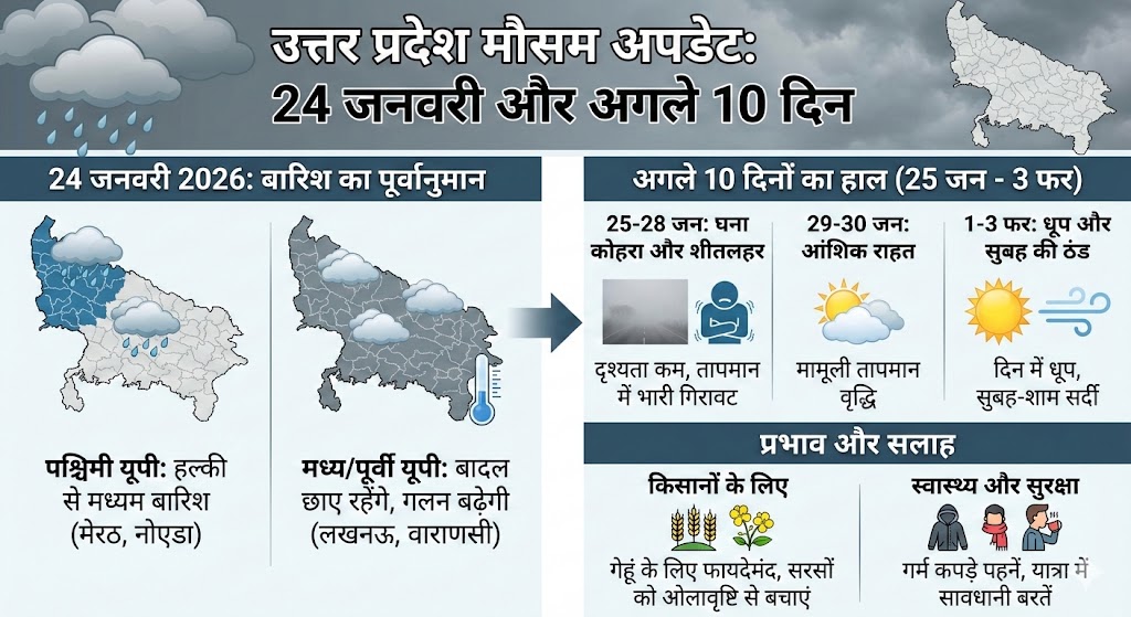 यूपी में कल 24 जनवरी 2026 को होगी भारी बारिश या कड़ाके की ठंड? अगले 10 दिनों के मौसम का सबसे सटीक हाल यहाँ जानें